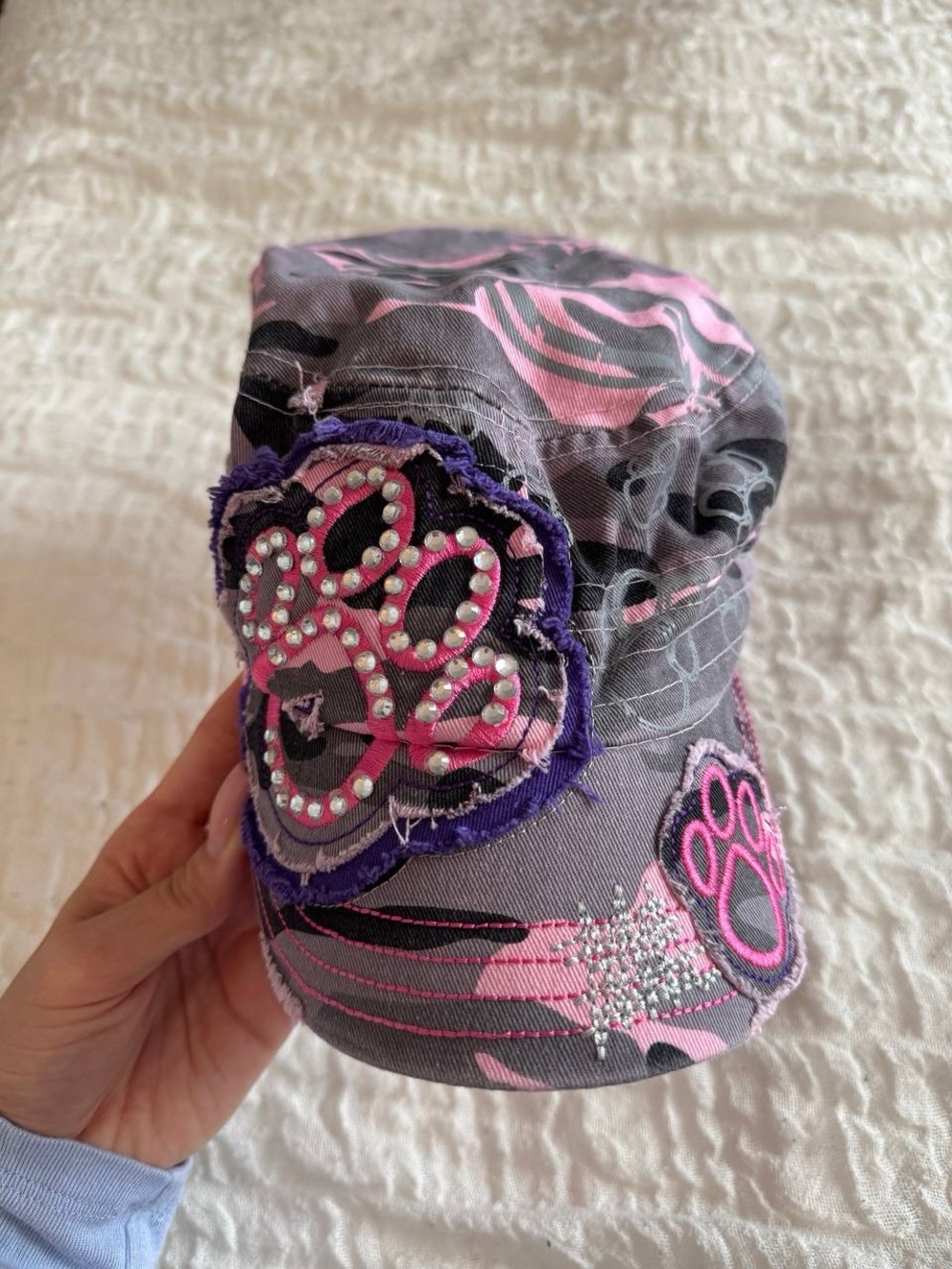 Crazy Pink Gray Embellished Animal Print Cap